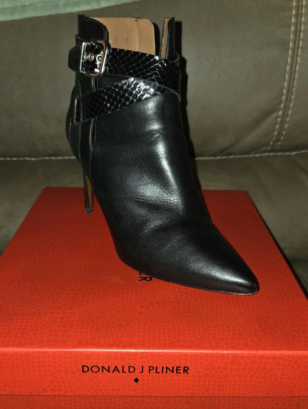 Donald J. Pliner Black Leather Pointed Ankle Boot with Buckle Strap Accent